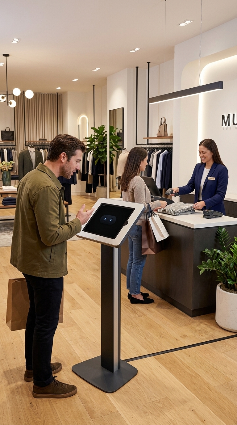 A customer in a retail clothing store asking the Clerkly AI voice assistant a question on a tablet while staff help another shopper.